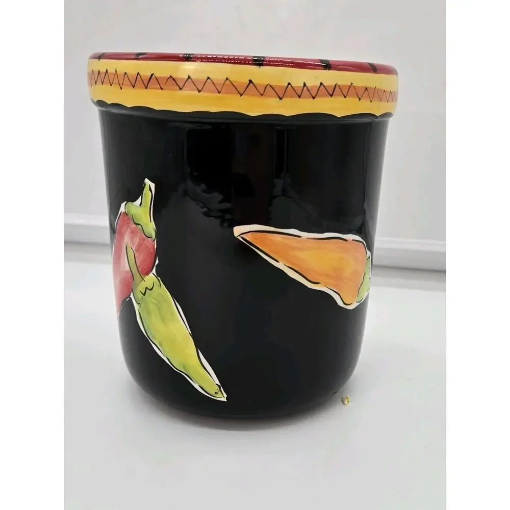 Hausenware Handpainted Clay Jalapeno Open Crock Utensil Holder Red Yellow 7x5